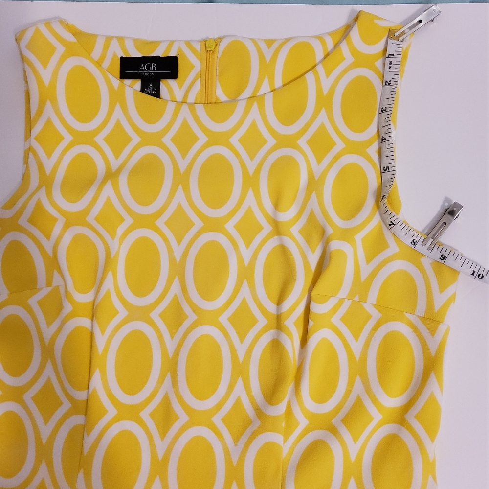 AGB DRESS SZ 8 SHEATH DRESS STRETCH YELLOW GEO PRINT SLEEVELESS BOAT NECK - Picture 6 of 9